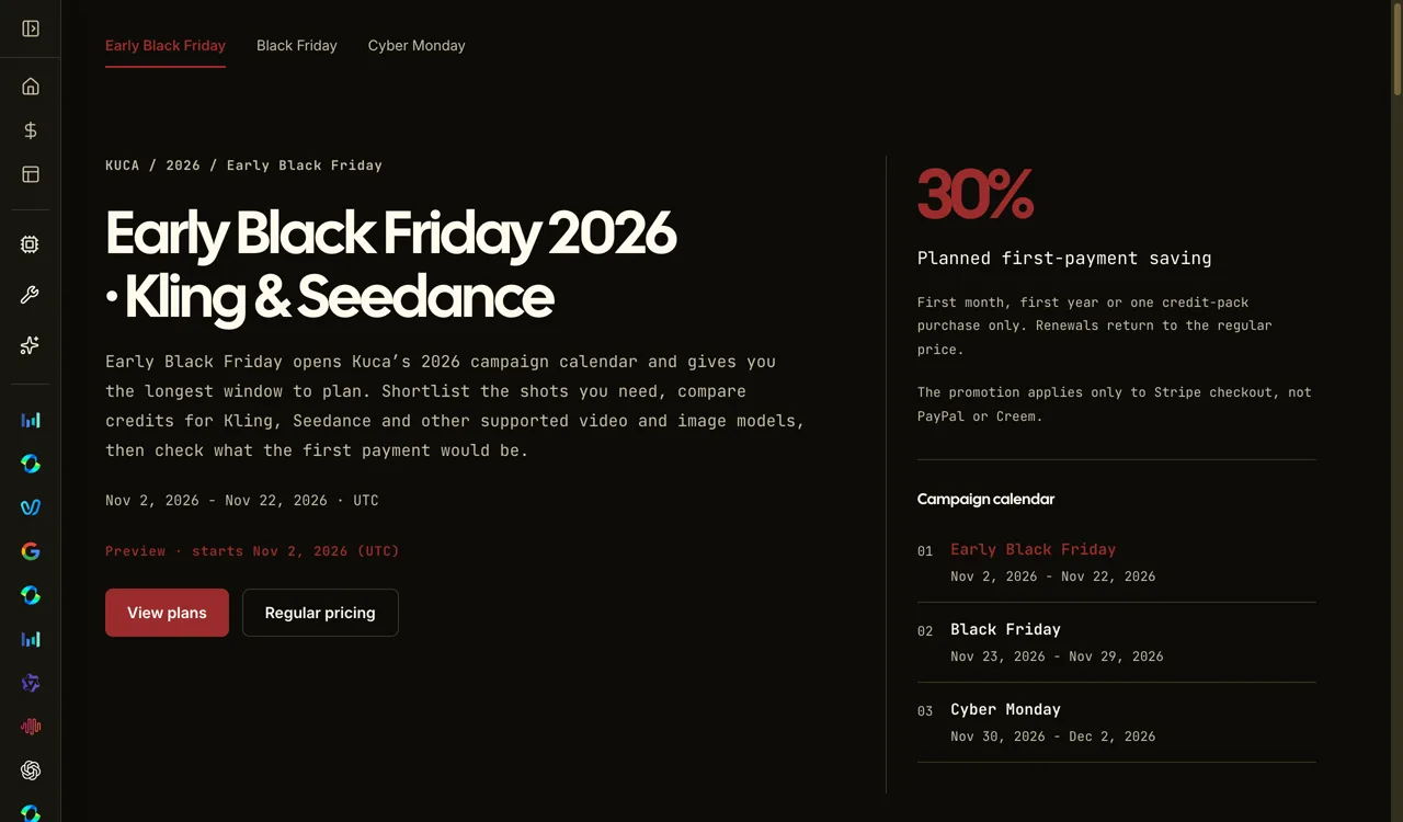 Kuca's 2026 holiday sale page with its campaign calendar: an early phase Nov 2–22, the main phase Nov 23–29, Cyber Monday Nov 30–Dec 2, and a planned 30% first-payment saving