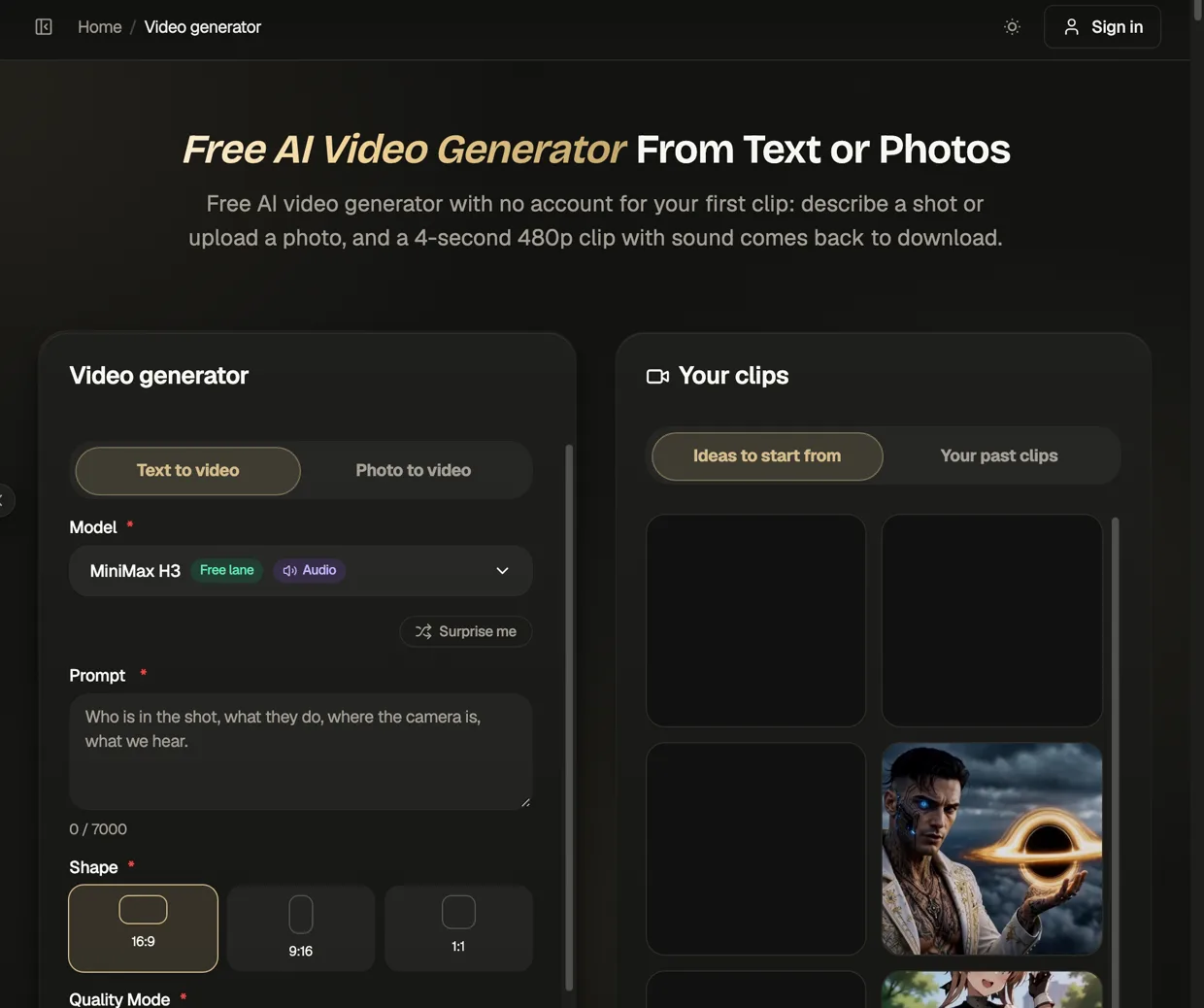 Movoa's video generator with MiniMax H3 selected, its audio tag on, text to video and photo to video tabs, and a 7,000-character prompt box