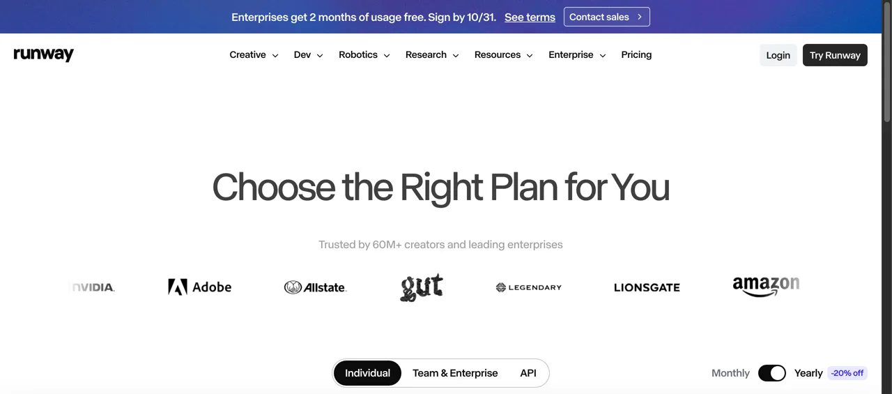 Runway pricing page on October 26, 2026: an enterprise offer to sign by October 31 and the standard 20% off for yearly billing, with no holiday AI video generator deal
