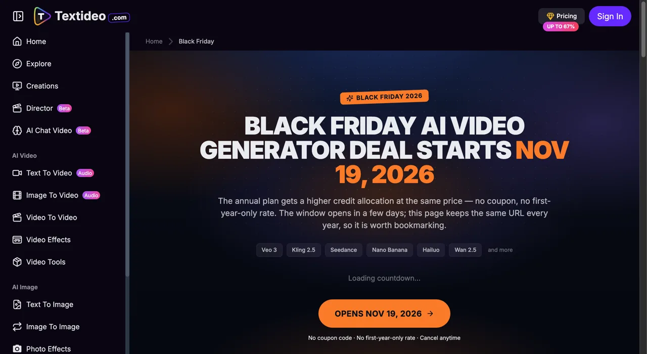 Textideo Black Friday 2026 page: the annual plan gets a higher credit allocation at the same price from November 19, no coupon code