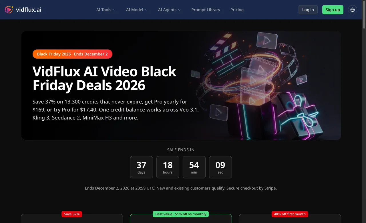 VidFlux Black Friday 2026 page: Pro yearly for $169, 37% off a 13,300-credit pack, 40% off the first Pro month, ending December 2 at 23:59 UTC