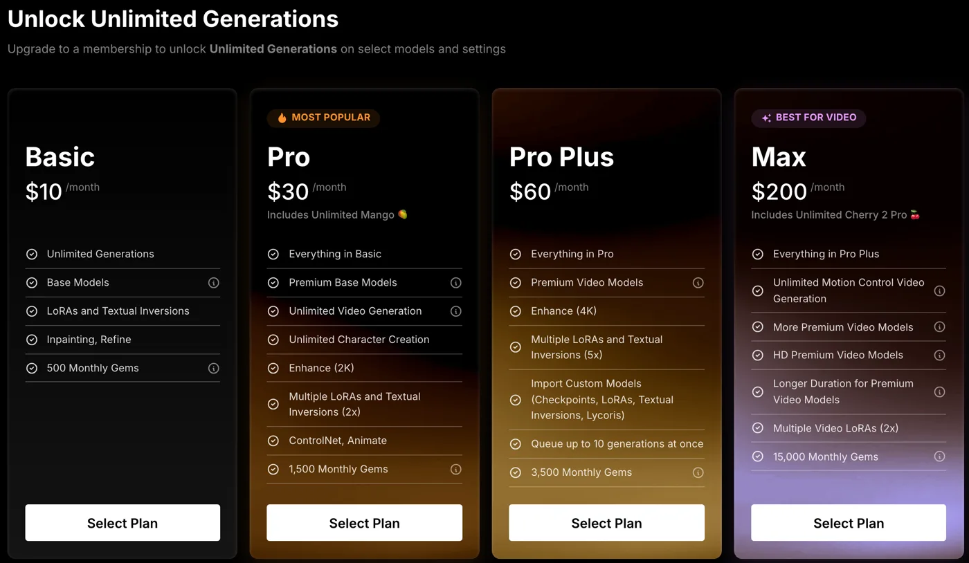 mage.space membership plans: Pro at $30 with unlimited video generation and Pro Plus at $60 with premium video models