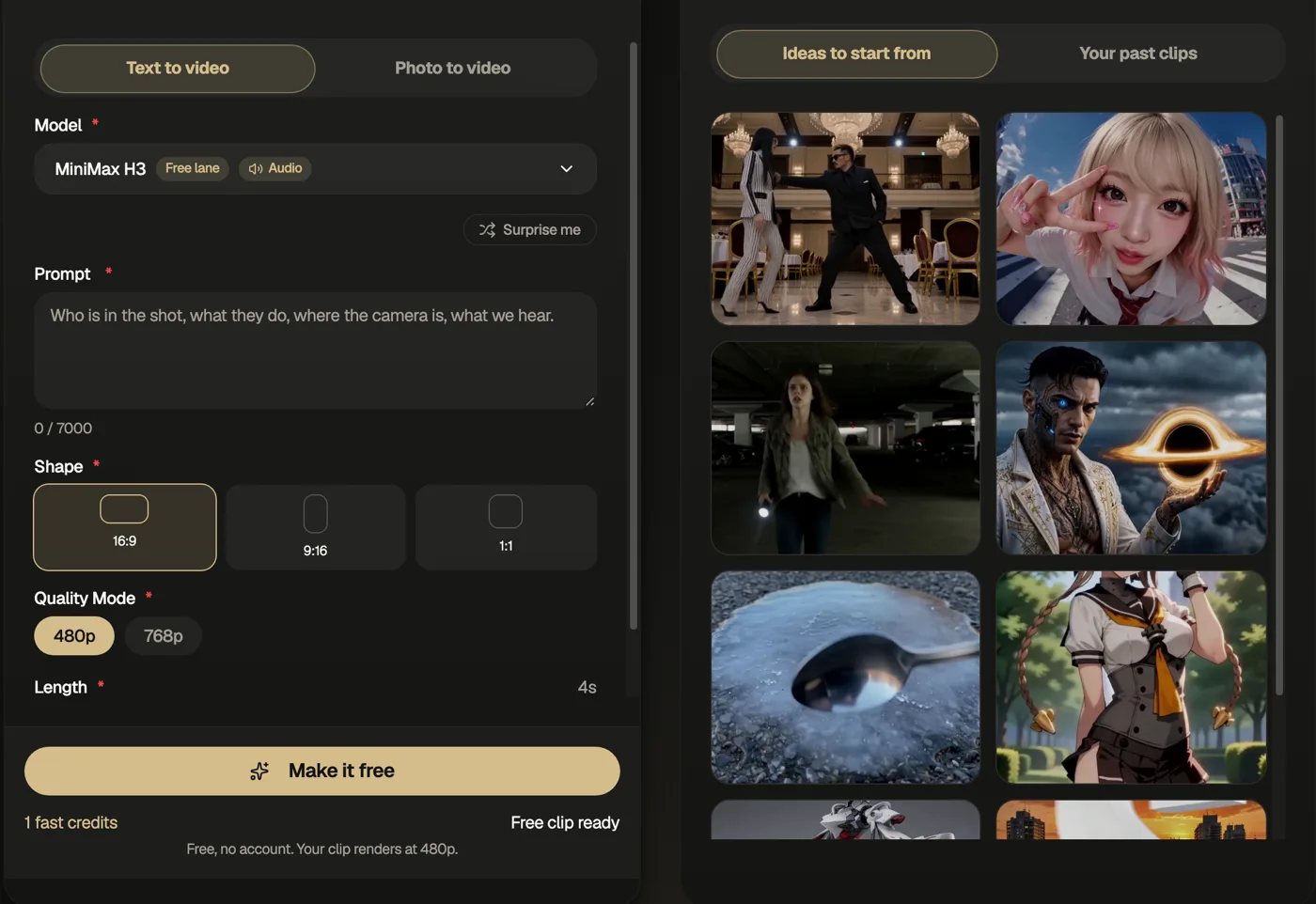 Movoa video generator with H3 selected on the free lane with audio, quality modes 480p and 768p, and a Make it free button