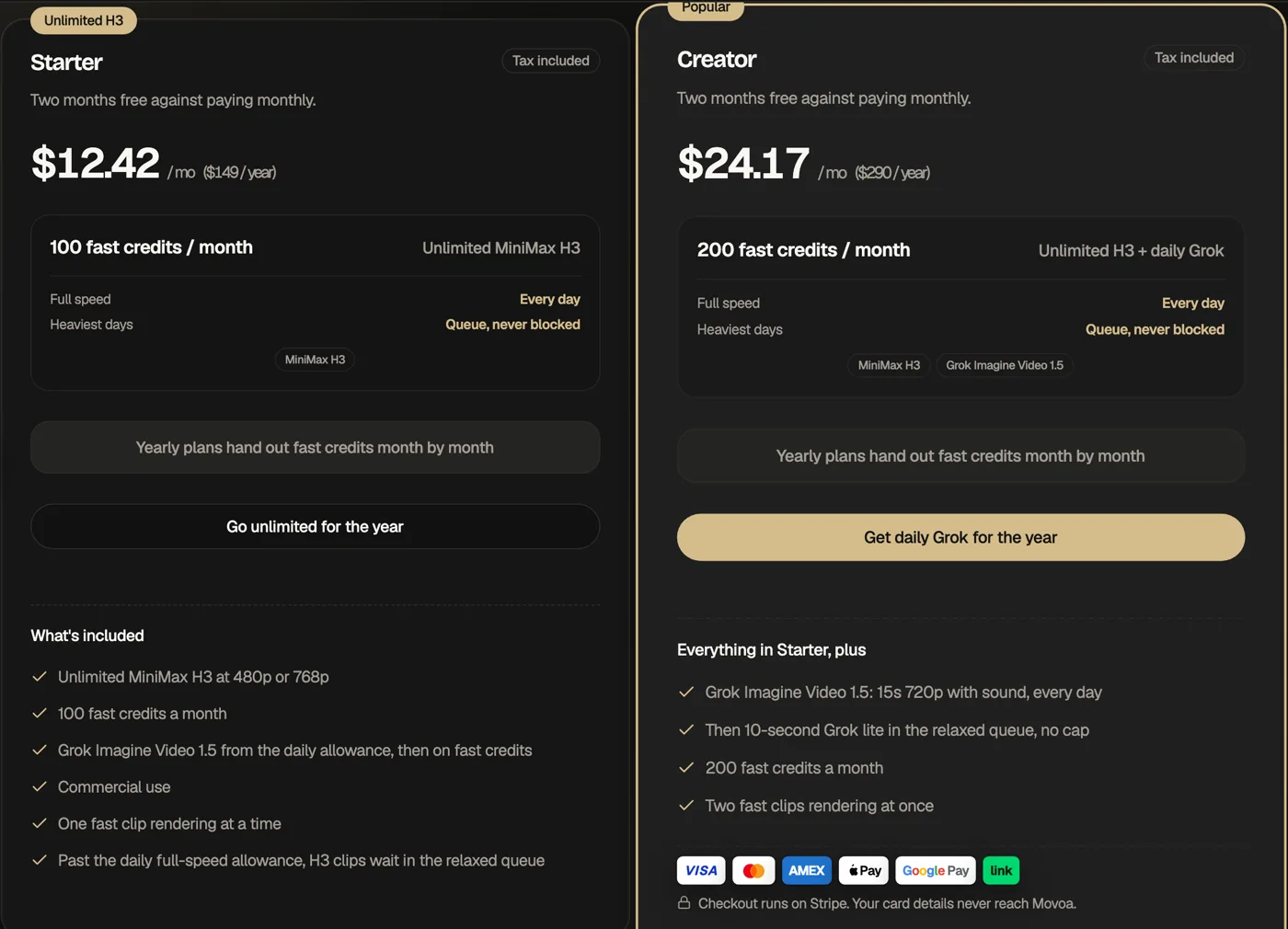 Movoa Starter and Creator plan cards: unlimited H3 at 480p or 768p, daily Grok Imagine Video 1.5 with sound on Creator