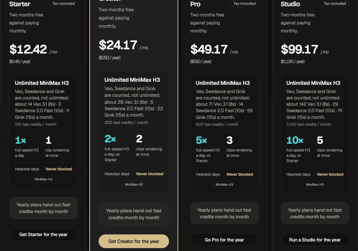 Movoa pricing plans on October 30, 2026: Starter, Creator, Pro and Studio, each with unlimited MiniMax H3 and 100, 200, 500 or 1,000 fast credits a month for Veo, Seedance and Grok