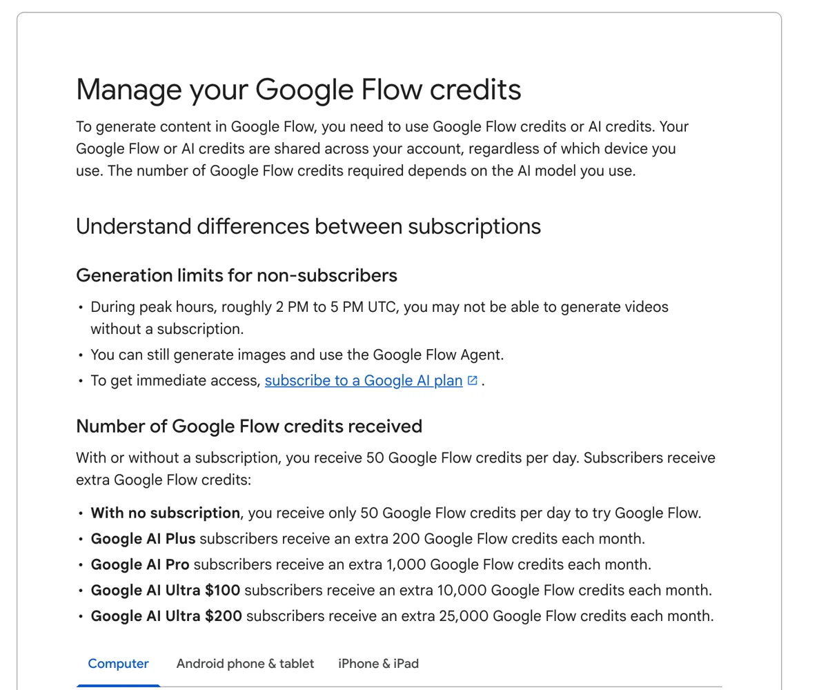 Google Flow help page on October 27, 2026: 50 Google Flow credits per day with or without a subscription, and video blocked for non-subscribers around 2 to 5 PM UTC