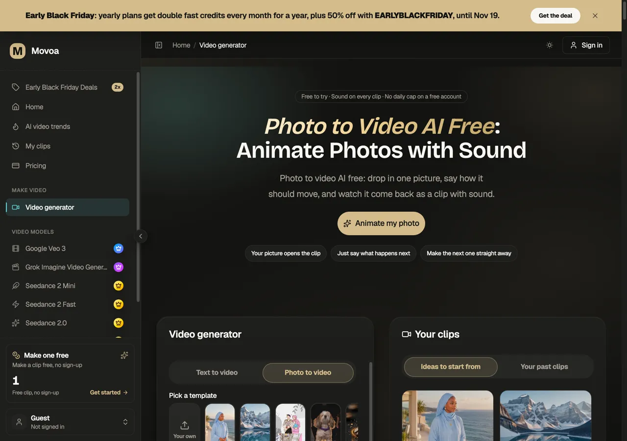 Movoa photo to video generator on October 27, 2026, with a free clip and no sign-up for the first one
