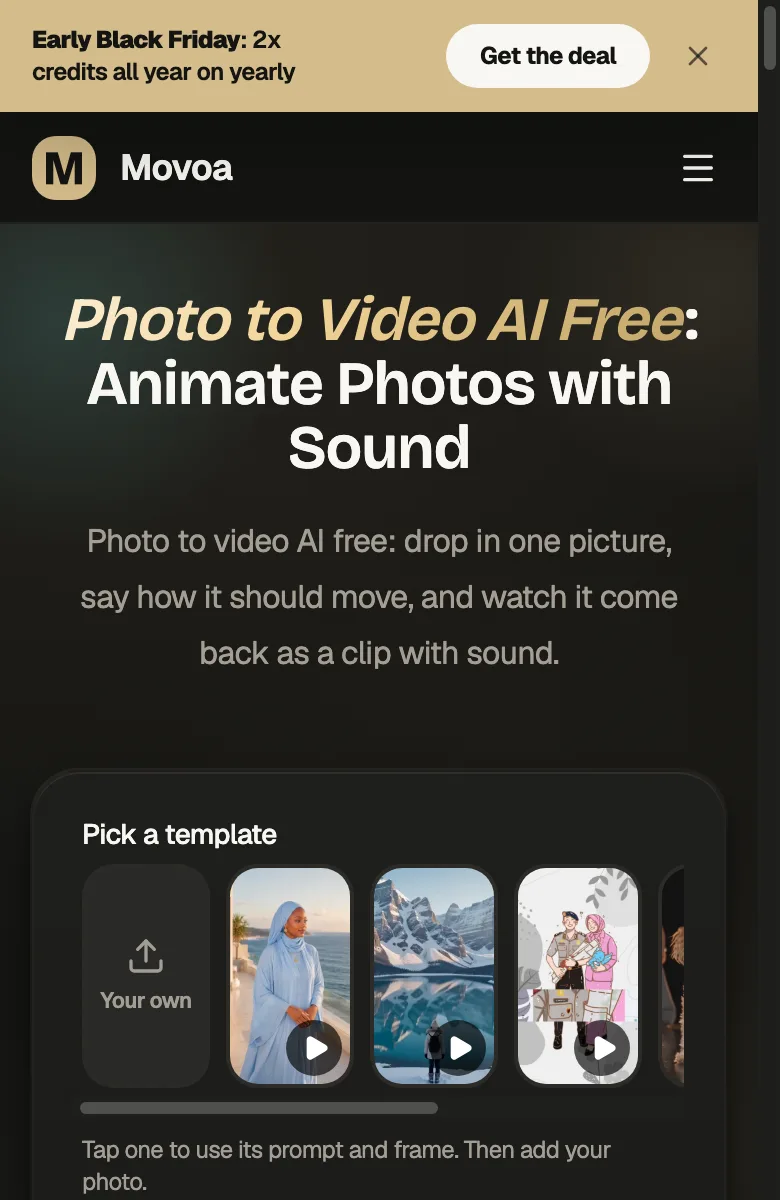 Movoa photo to video page in a phone browser on October 27, 2026: pick a template or upload your own photo, and the clip comes back with sound