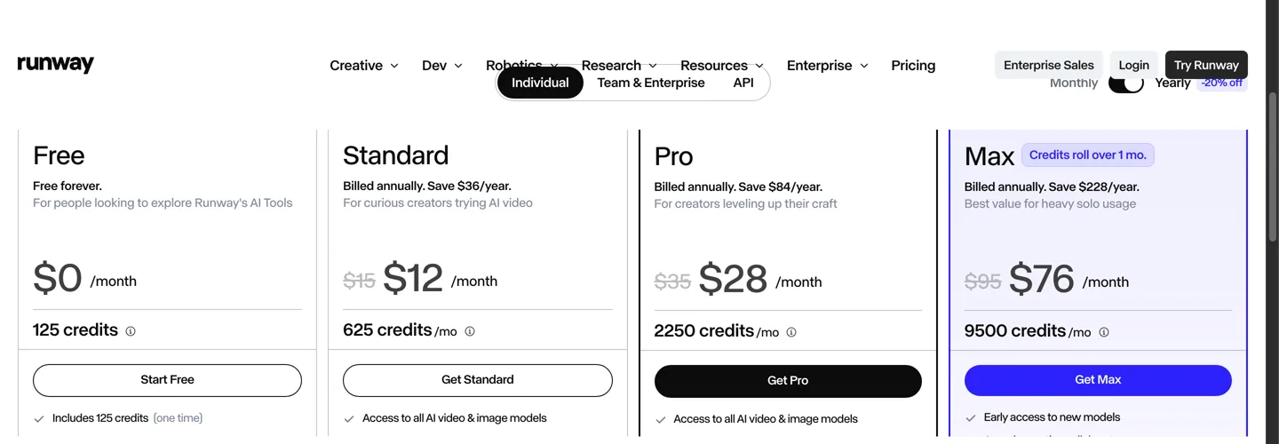 Runway pricing page on October 27, 2026: the Free plan includes 125 credits, one time