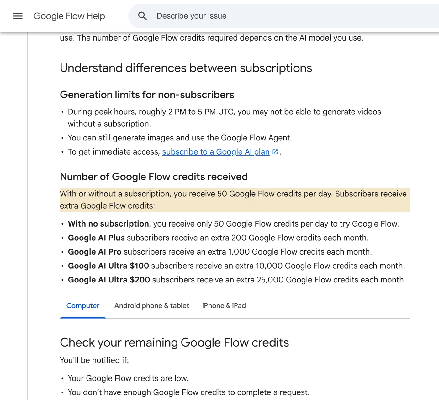 Google Flow help page on October 20, 2026: 50 Google Flow credits per day with or without a subscription, and a peak-hours pause from roughly 2 PM to 5 PM UTC for non-subscribers