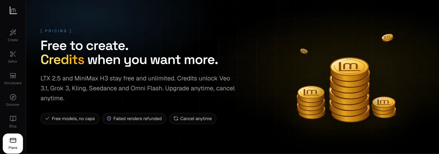 LoreMotion pricing page on October 20, 2026 saying LTX 2.5 and MiniMax H3 stay free and unlimited, with badges for free models with no caps and failed renders refunded