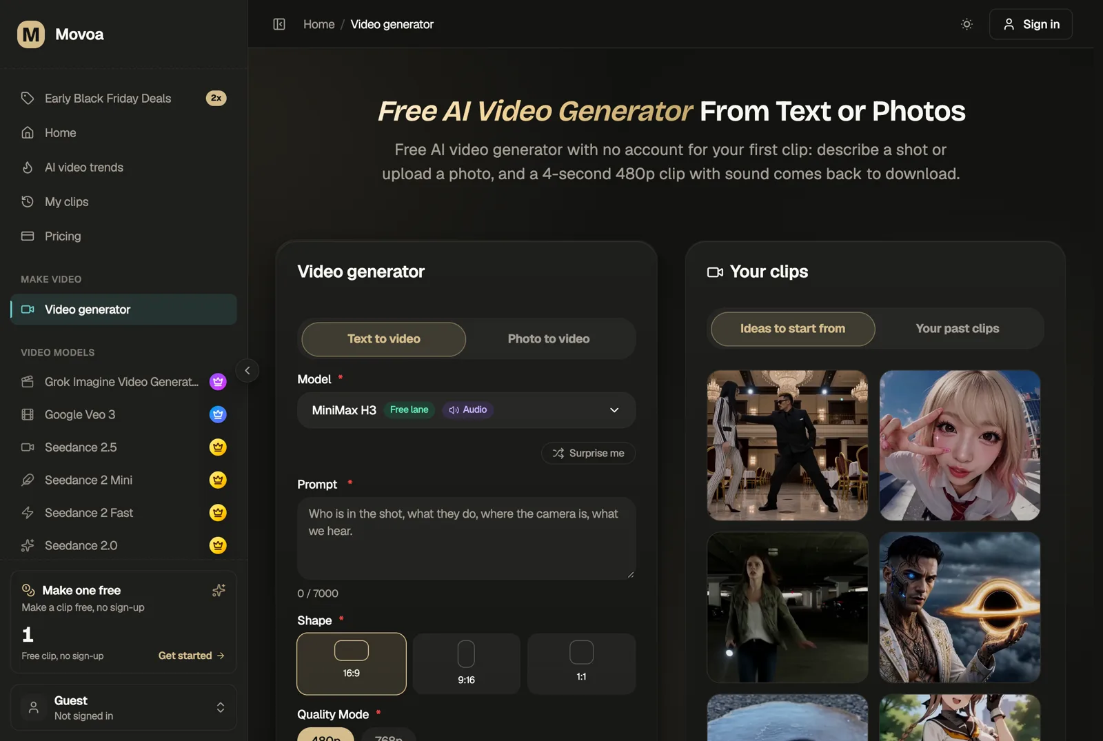 Movoa video generator with MiniMax H3 selected on the free lane with audio, text-to-video and photo-to-video tabs, and a make one free card that needs no sign-up