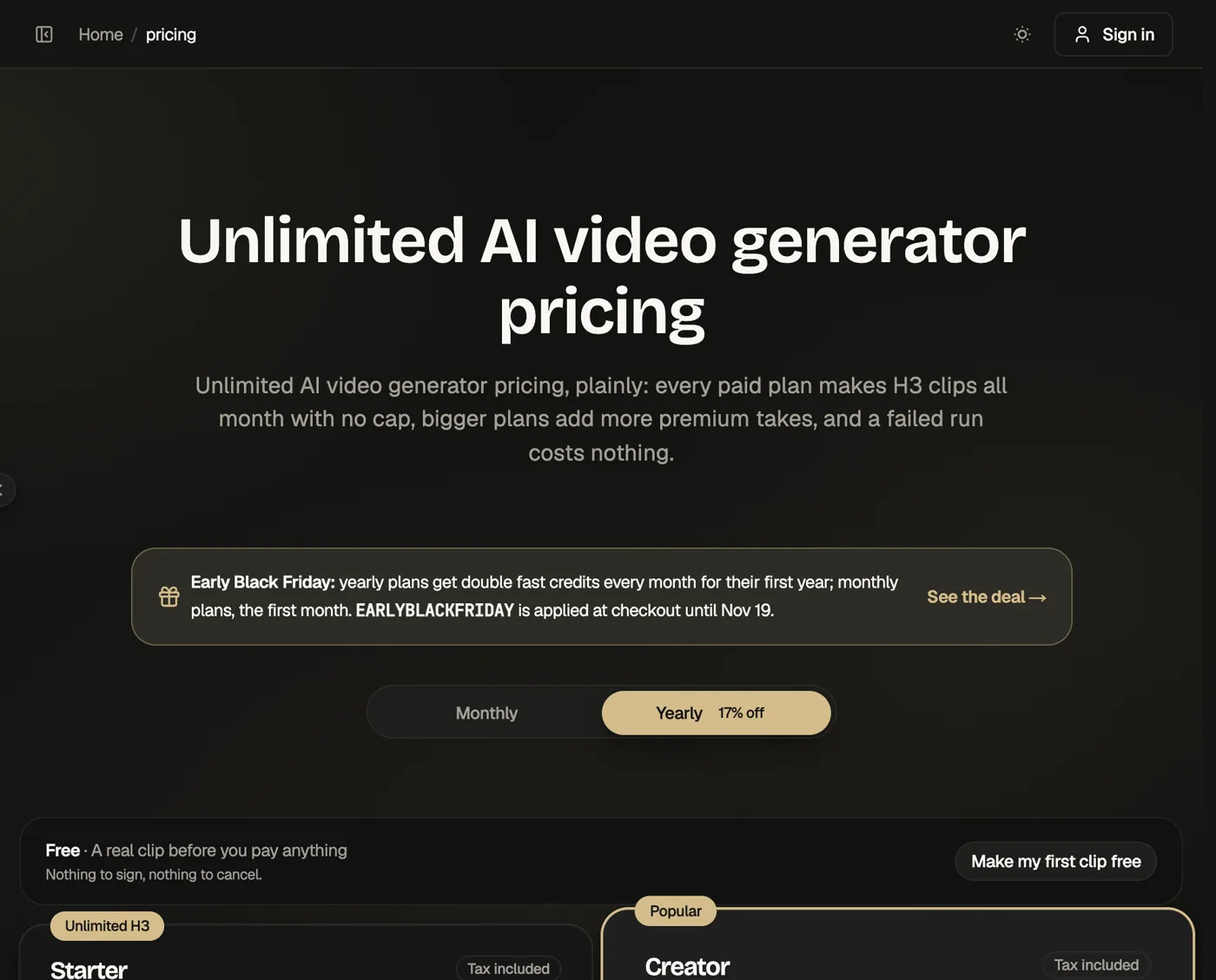 Movoa pricing page on October 20, 2026: a free clip with nothing to sign, and paid plans that make H3 clips all month with no cap, with a failed run costing nothing