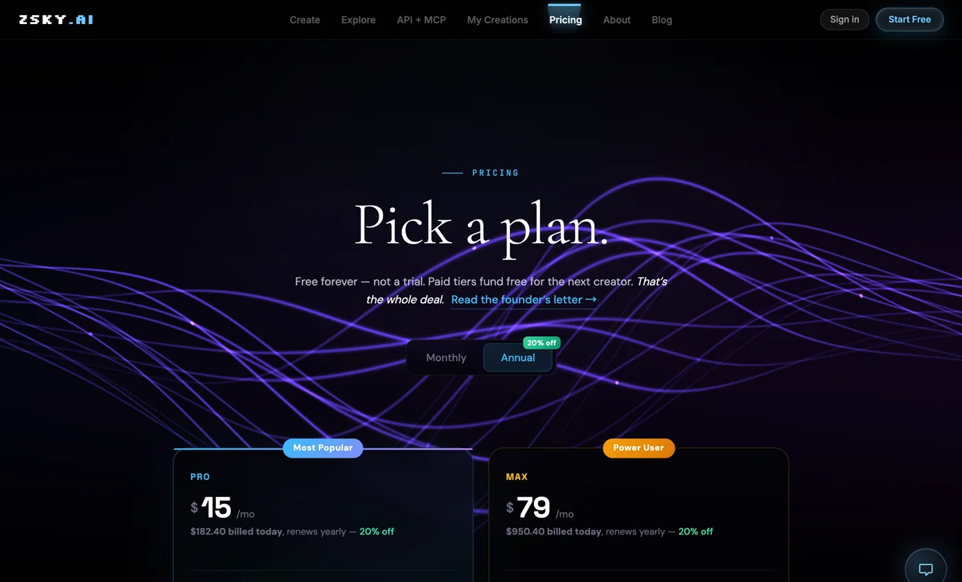 ZSky pricing page on October 20, 2026 describing its free plan as free forever and not a trial, above the paid Pro and Max plans