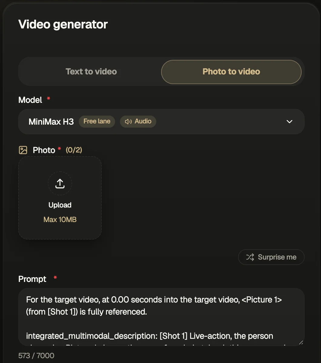 Movoa's photo to video tab opened from an image-to-video run link: MiniMax H3 selected, an empty upload slot for up to two photos, and the prompt box starting with the first-frame line for Picture 1