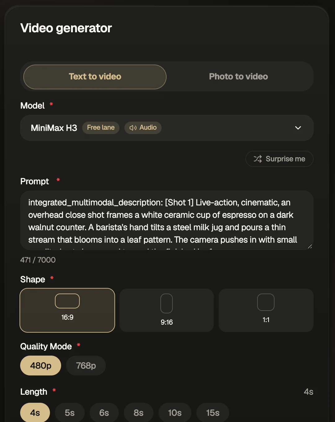 The Movoa video generator opened from a run link: MiniMax H3 selected on the free lane with audio, the latte-art prompt filled in at 471 of 7,000 characters, 16:9, 480p and a 4-second length selected