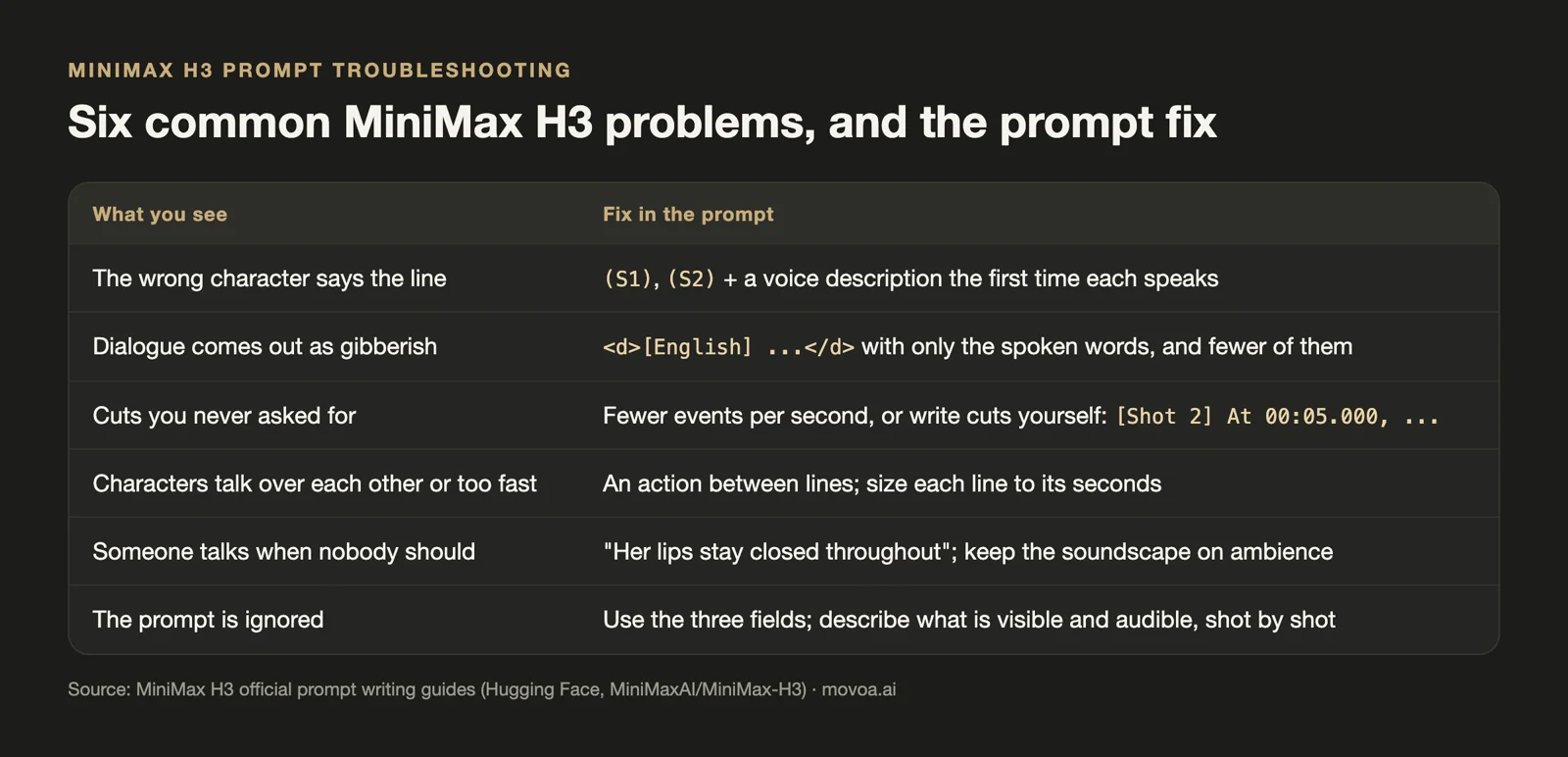 Troubleshooting chart pairing six common MiniMax H3 problems, such as the wrong character speaking or gibberish dialogue, with the prompt fix for each