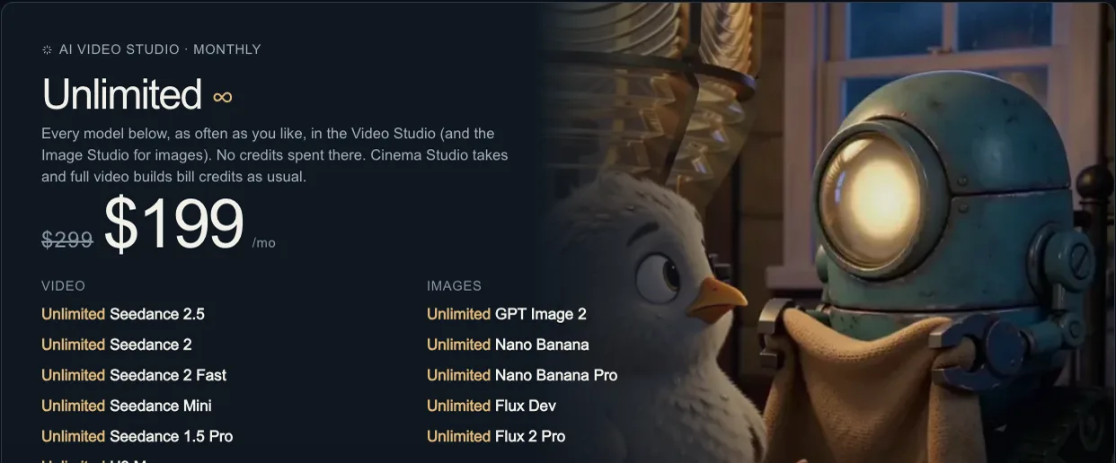 FaceLoom pricing page on October 26, 2026: the Unlimited plan at $199 a month, struck from $299, with H3 Max and H3 Turbo among its unlimited video models