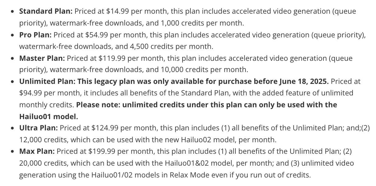 Hailuo AI payment policy page still listing the Max plan at $199.99 with 20,000 credits and the legacy $94.99 Unlimited plan for Hailuo01 only