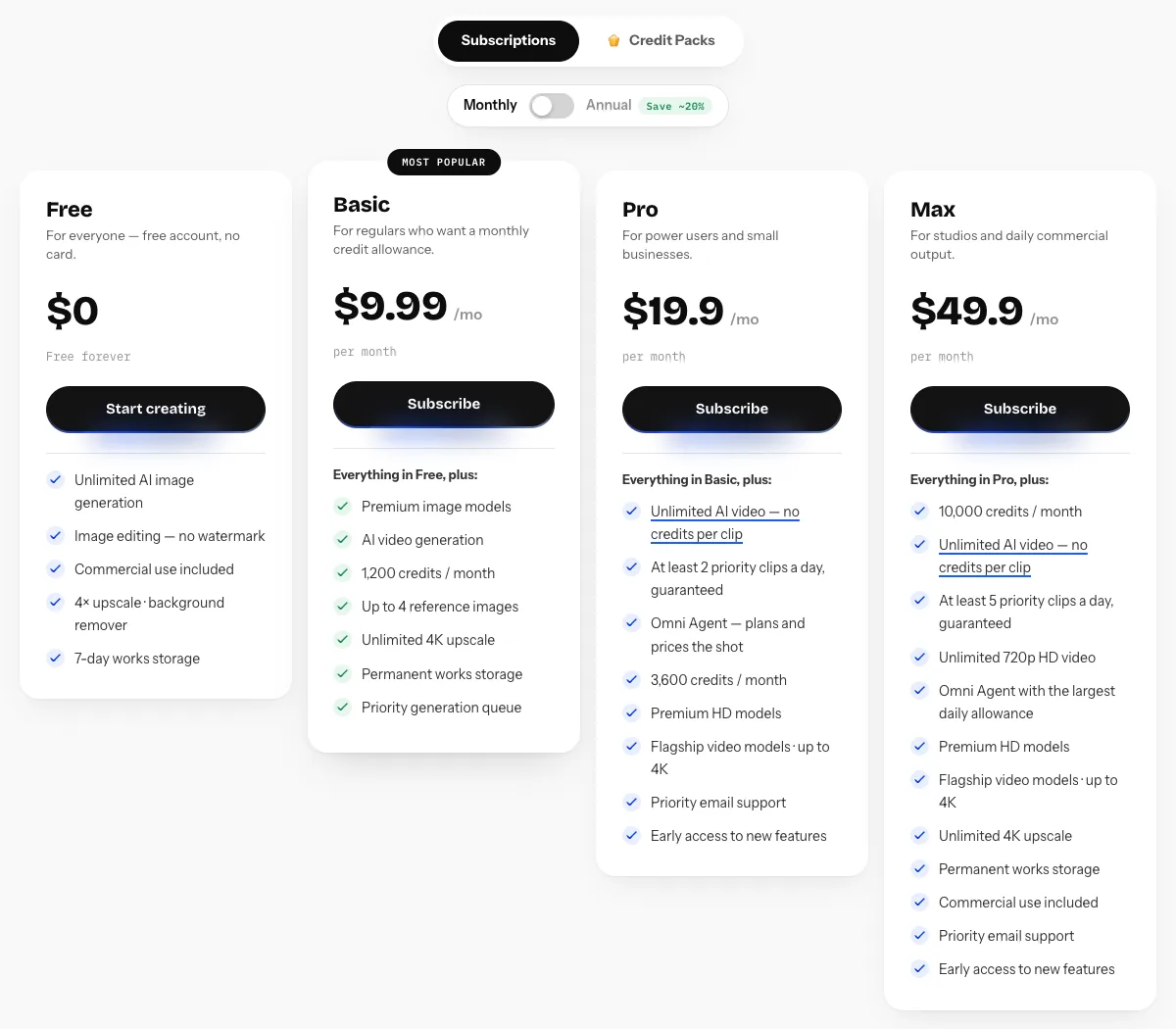 HelloGen pricing page on October 26, 2026: Pro $19.9 and Max $49.9 a month with unlimited AI video, no credits per clip