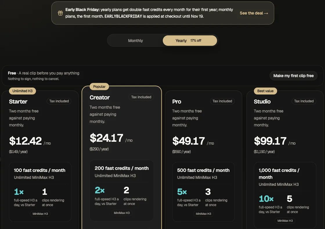 Movoa pricing cards: Starter, Creator, Pro and Studio, each with unlimited MiniMax H3, full-speed share 1x to 10x Starter and 1 to 5 clips rendering at once