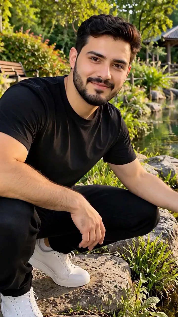 A man by a pond at golden hour
