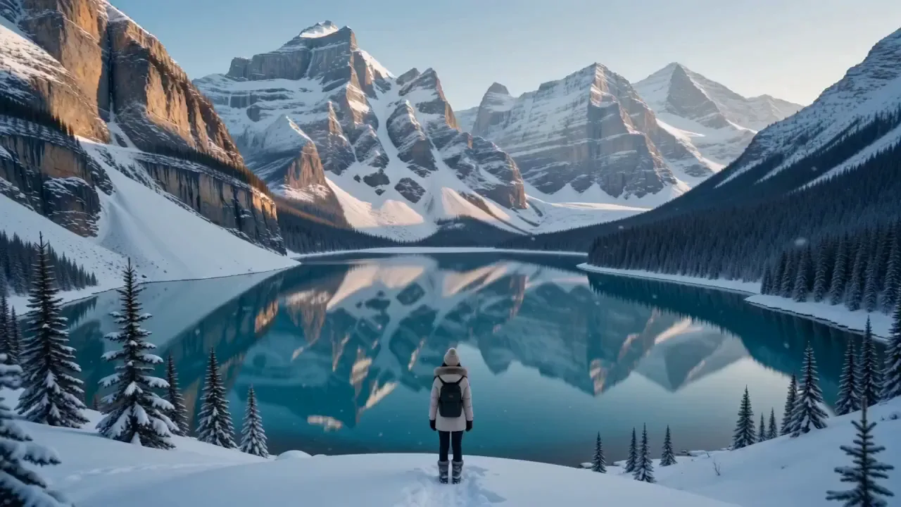 Start frame: Woman Explores Alpine Lake