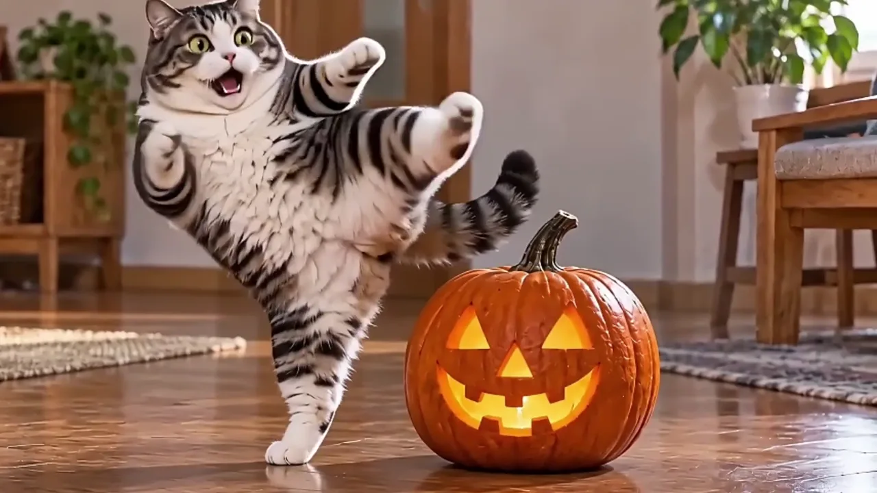 Cat Versus Jack-o'-Lantern