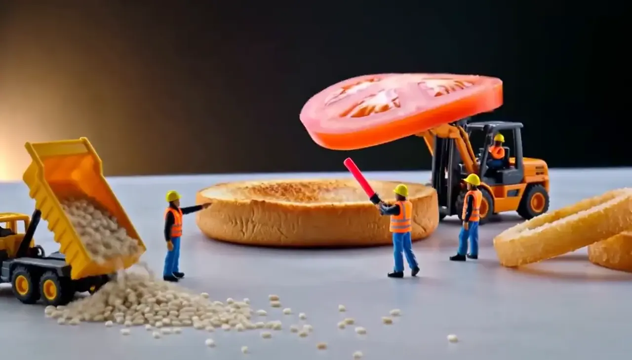 Un hamburger in cantiere, in tilt-shift