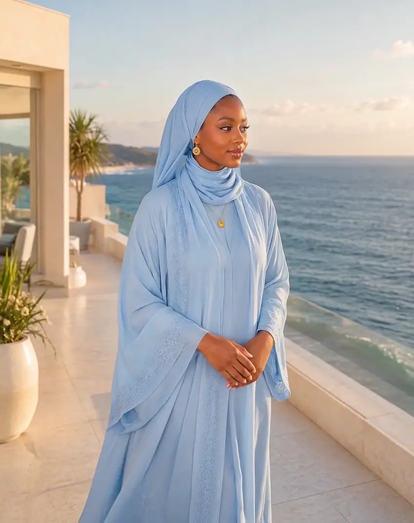 Donna in abaya azzurra sul mare